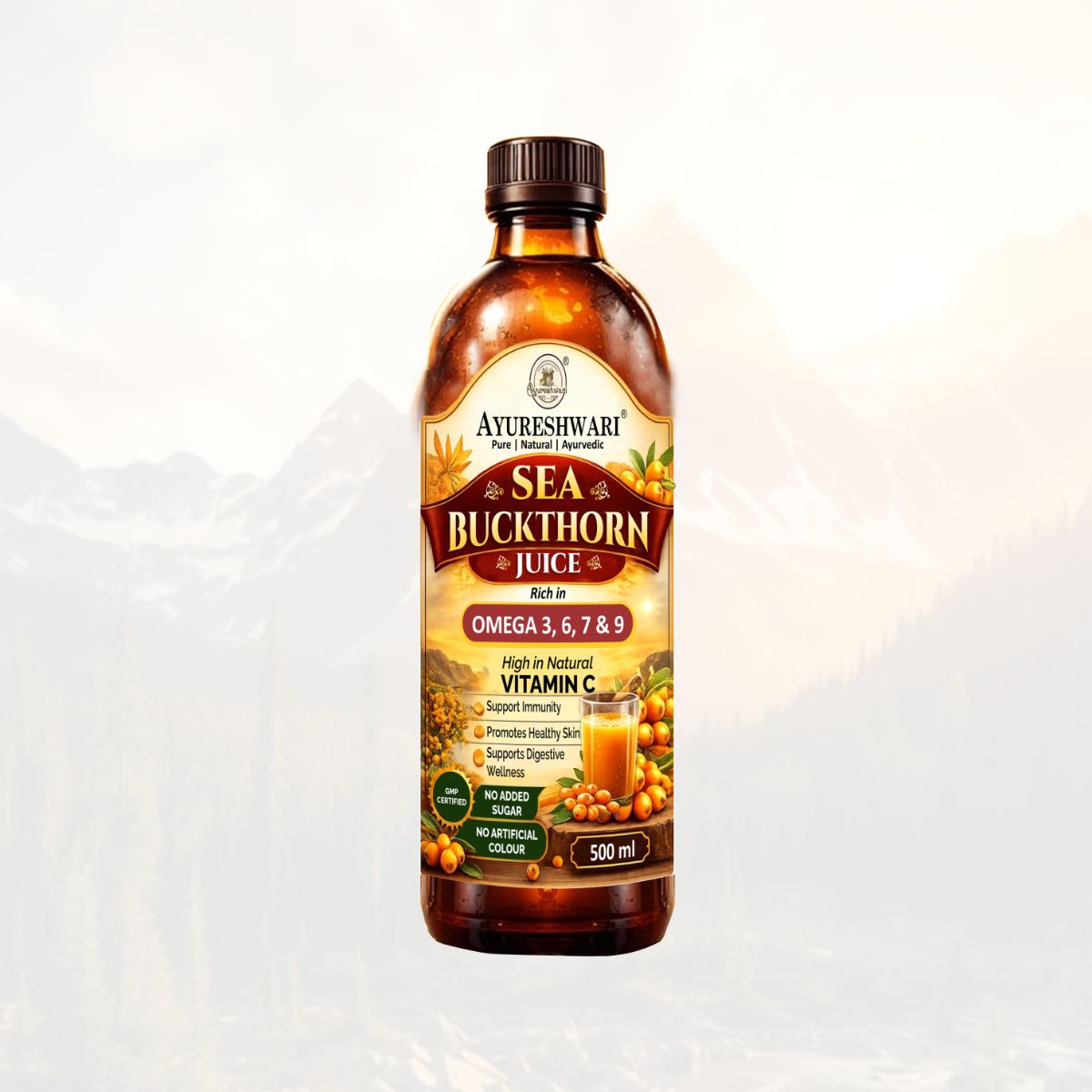 Ayureshwari Sea Buckthorn Juice – Rich in Omega 3, 6, 7 & 9 | Vitamin C Boost | 500 ml
