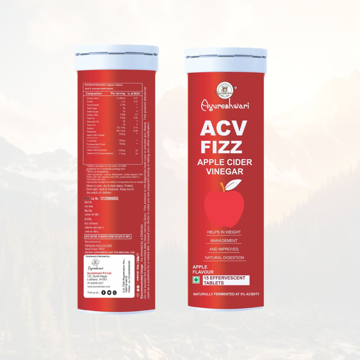 Ayureshwari ACV Fizz Effervescent Tablets – Apple Cider Vinegar for Digestion & Weight Management (15 Tablets)