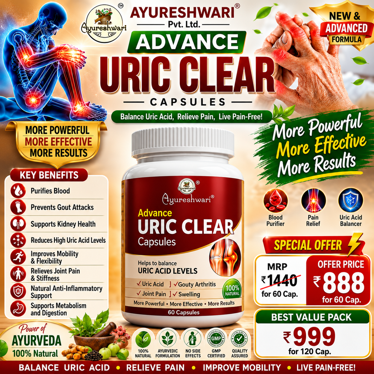 Ayureshwari Uric Clear Capsules – Supports Healthy Uric Acid Levels (60 Capsules) – image 5