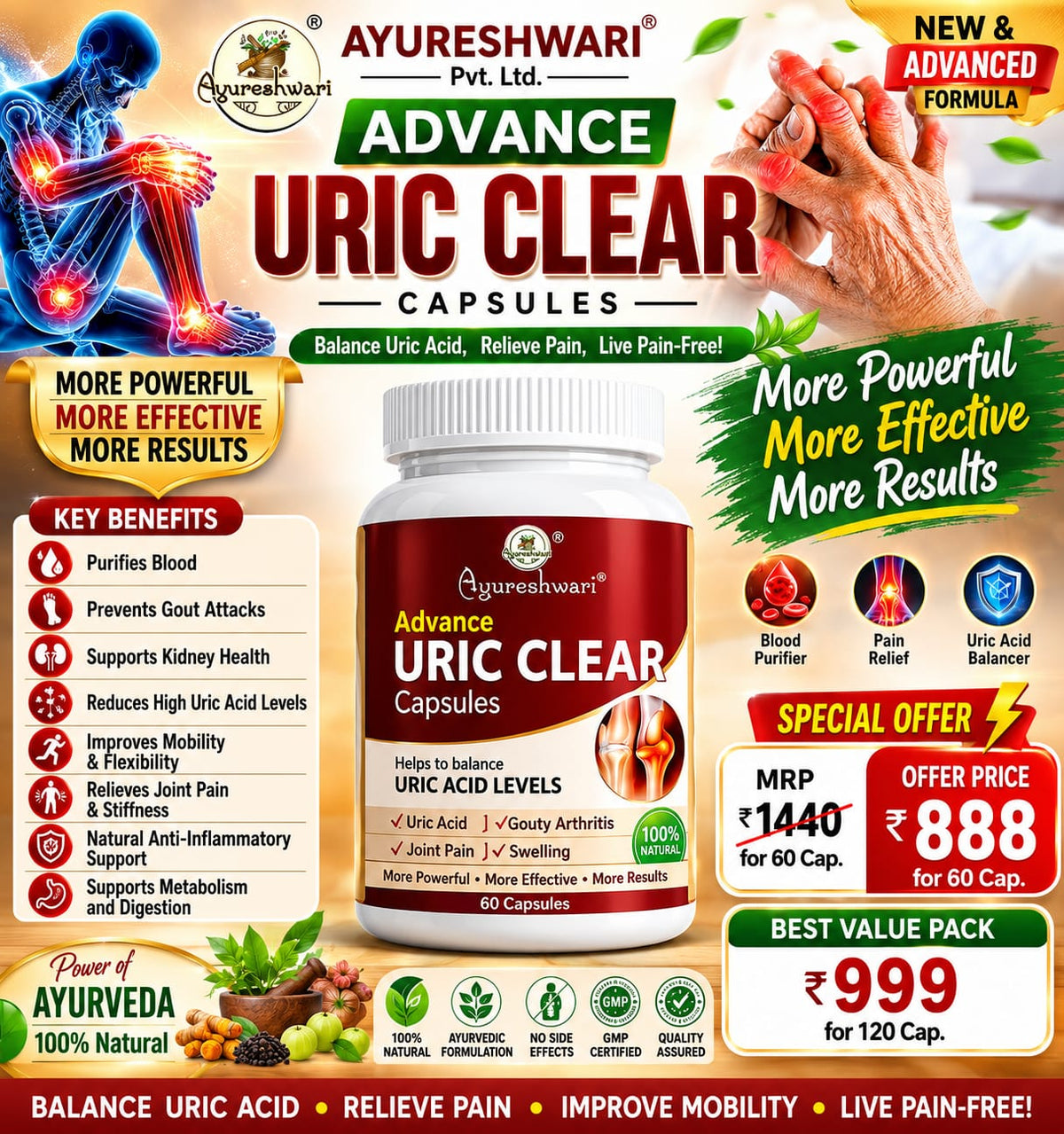 Ayureshwari Uric Clear Capsules – Supports Healthy Uric Acid Levels (60 Capsules) – image 4