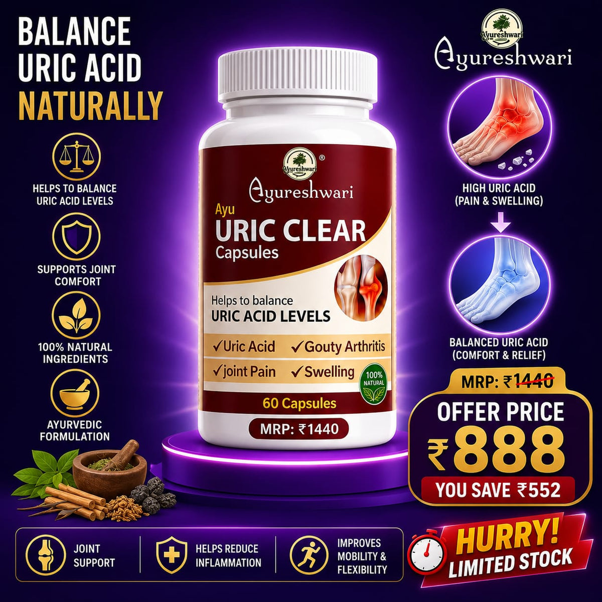 Ayureshwari Uric Clear Capsules – Supports Healthy Uric Acid Levels (60 Capsules) – image 2
