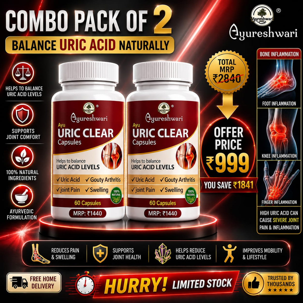 Ayureshwari Uric Clear Capsules - (Pack of 2) (120 Capsules)