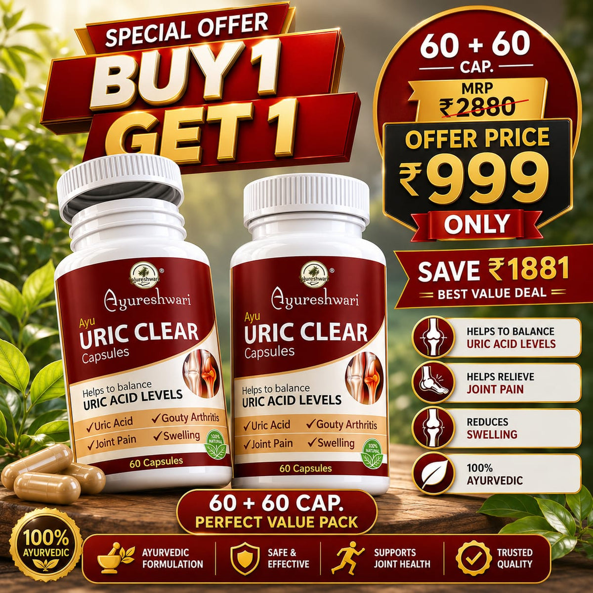 Ayureshwari Uric Clear Capsules - (Pack of 2) (120 Capsules) – image 5